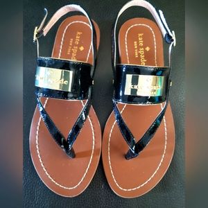Kate Spade Cassandra Black Patent Flat Sandals with Gold Hardware Ankle Strap 6